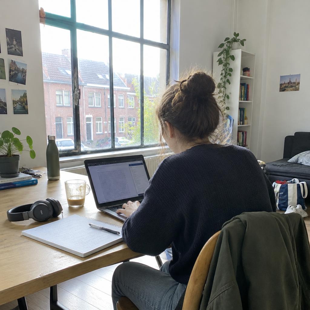 Iemand aan het werk aan een tafel bij het raam